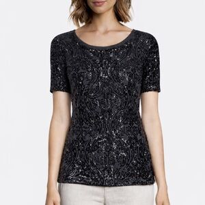 Tory Burch Arabesque Sequins Gillian Tee Size XL in Black and Gray NEW